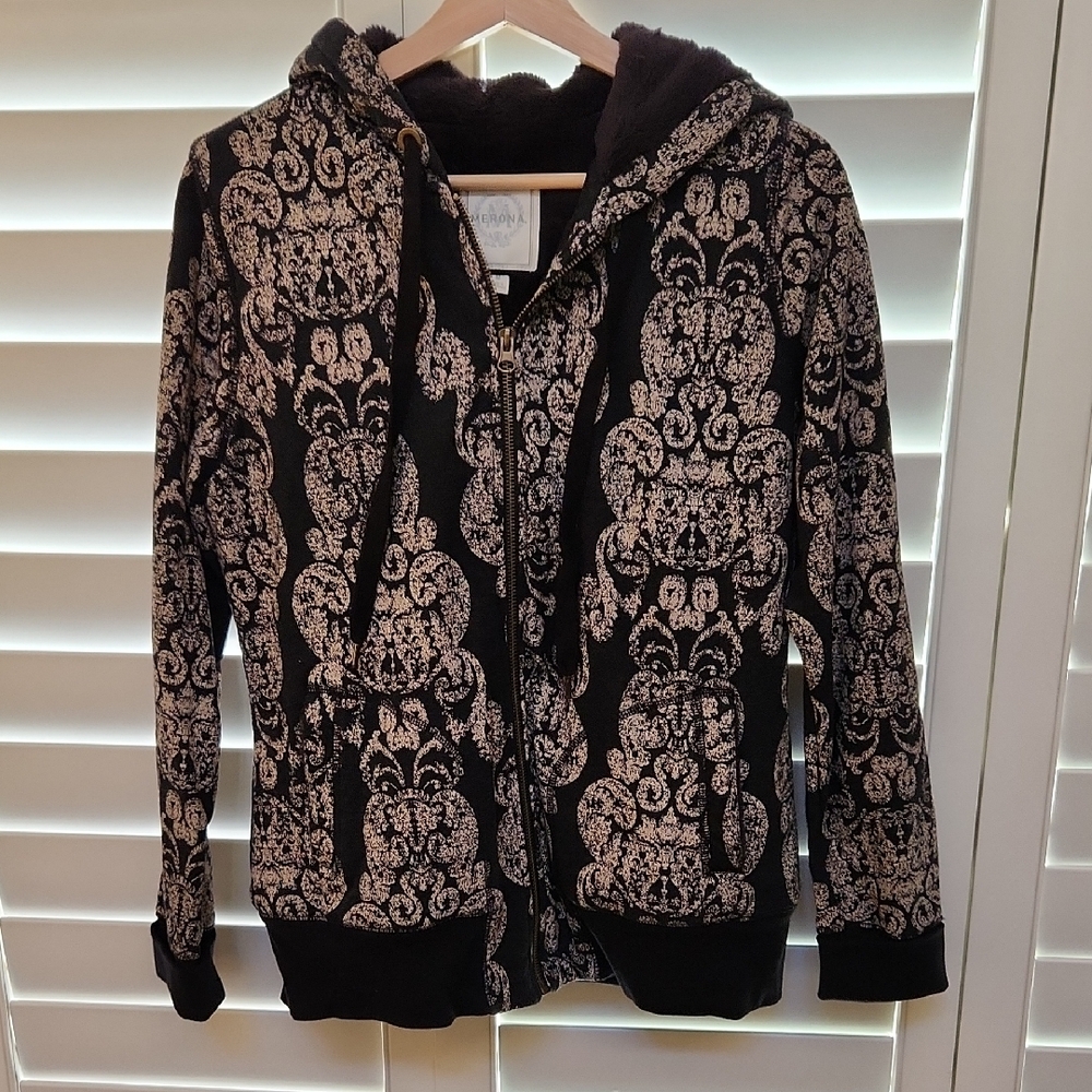 Merona Cream and Black Hooded Jacket with Baroque Pattern